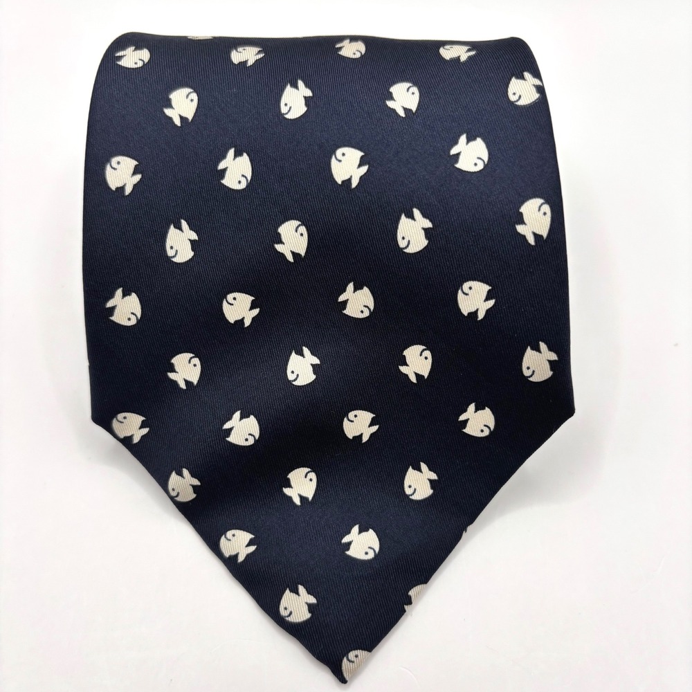 Pura Seta Navy Blue 100% Silk Fish Pattern Necktie Made in Italy Nautical 58 in